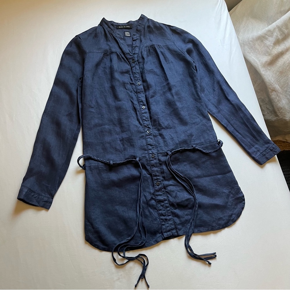 120% LINO blue linen belted lace lattice trim long sleeve button up shirt blouse